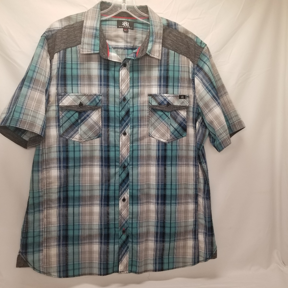 Rock & Republic Mens Size XXL White Green Gray Button Down Short Sleeve